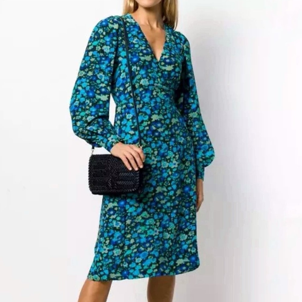 Ganni Blue Wrap Dress Azure Blue Floral V Neck Long Sleeve Silk Blend Sz 34 EU